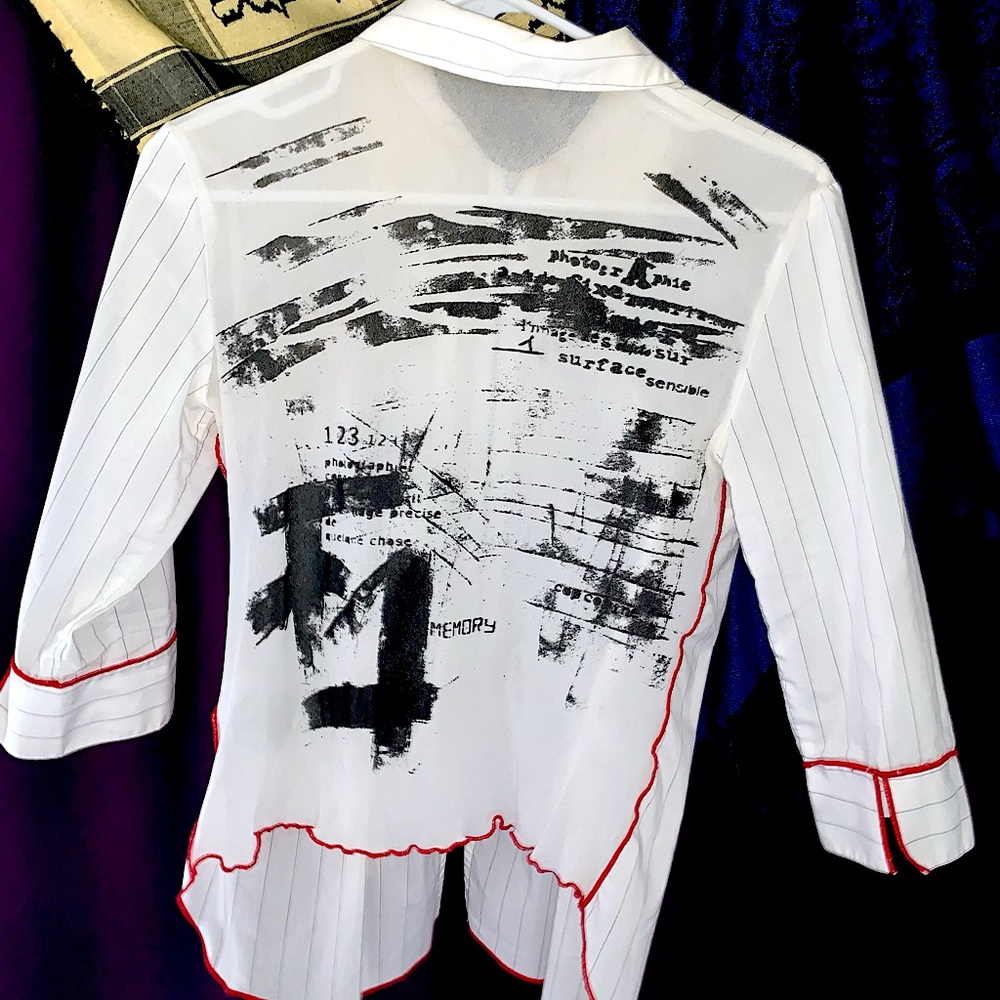 cop copine pinstripe white “button up” thats actually zip-up, mesh back panel
